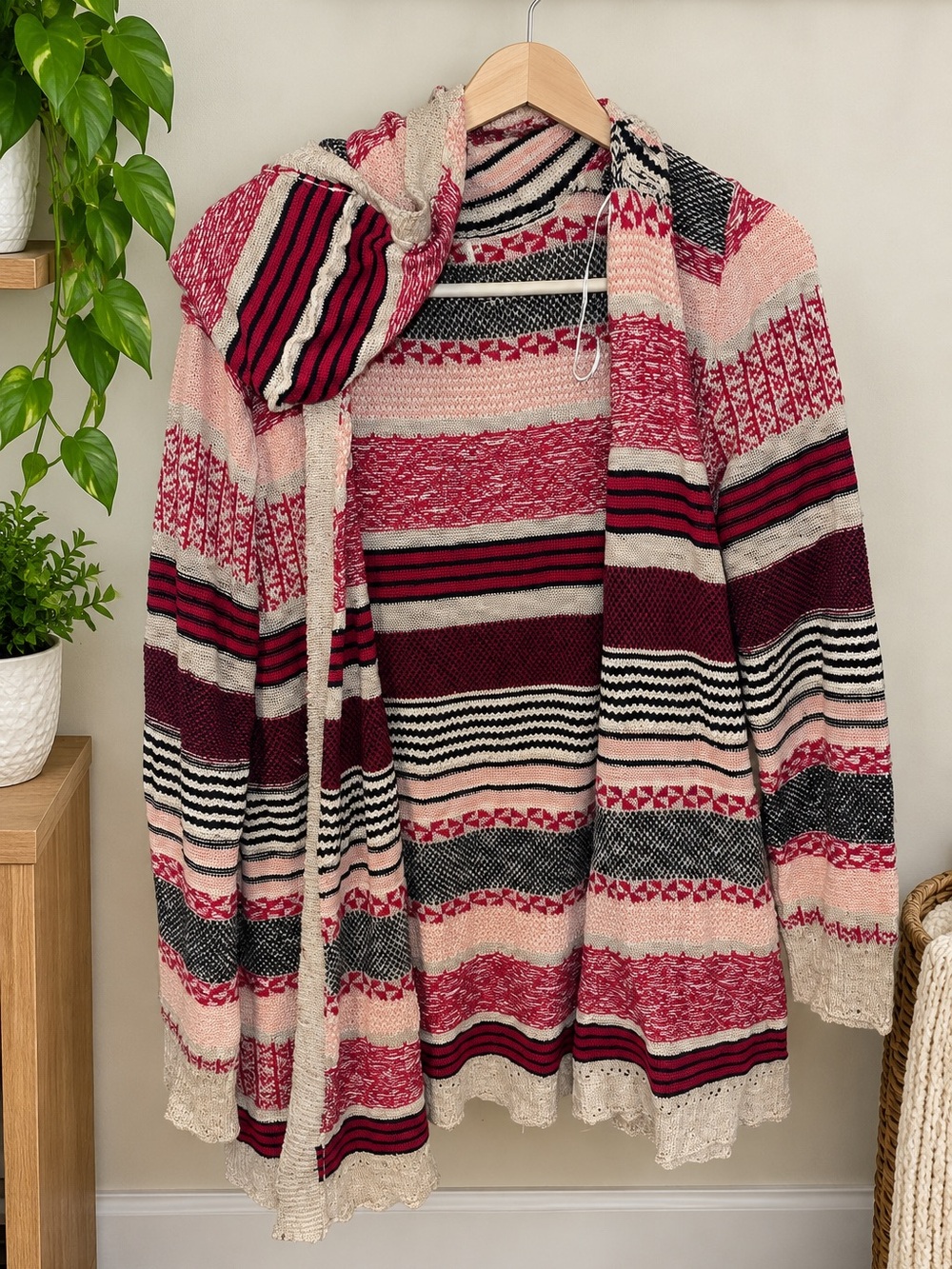 Pink Rose Women’s 2X Hooded Open Front Cardigan Multicolor Boho Knit Sweater